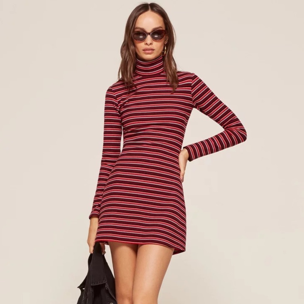 Reformation Red and Black Striped Long Sleeve Dress
